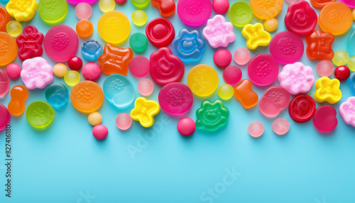 Colorful candy wallpaper featuring an array of bright gummy bears, jellybeans, and lollipops, creating a fun and playful design photo