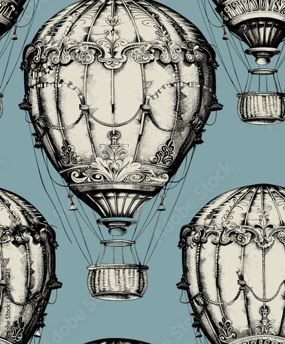 A vintage black and white seamless pattern of hot air balloons with baskets. Intricate details and classic designs evoke old-world charm. Ideal for wallpaper, textiles, and interior decoration.