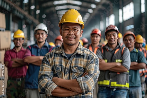 A group of men wearing hard hats and safety vests are standing together. They are all smiling and posing for a photo