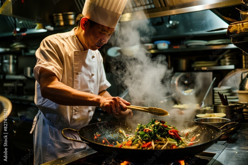 Focused chef stirfrying vegetables in a wok, with the steam rising in a busy commercial kitchen Focused chef stirfrying vegetables in a wok, with the steam rising in a busy commercial kitchen