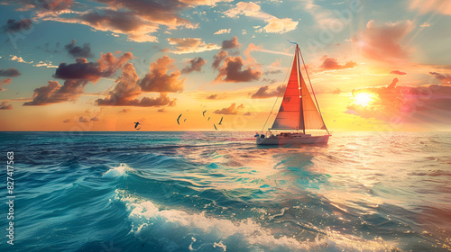 Sunset on the sea and sailing ship Luxury Prestige Regatta Sophistication with cloudy background
 photo