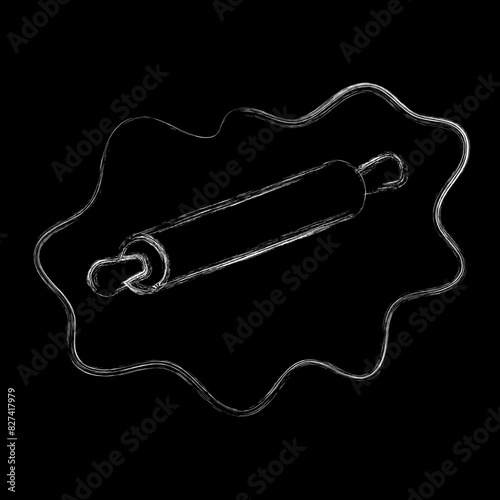 
Illustration depicting a white icon of a rolling pin and dough drawn with a brush for cooking on a black background