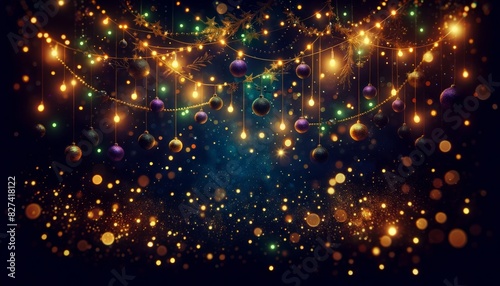Dark background with golden bokeh particles and festive lights 