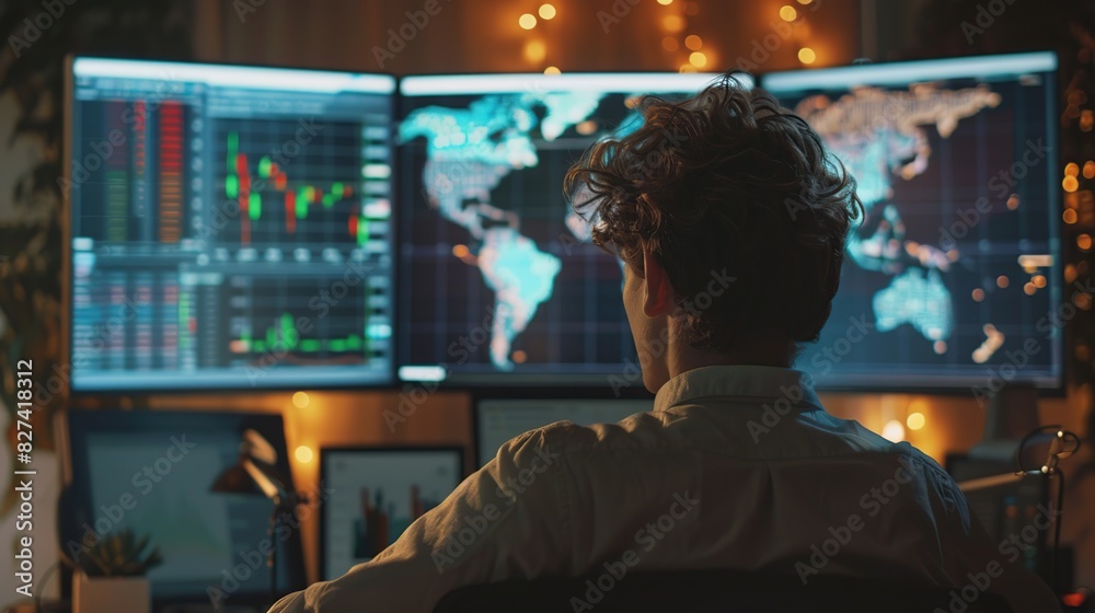 Trader or investor is analyzing stock or forex prices on a computer screen in the office Trader or investor is analyzing stock or forex prices on a computer screen in the office