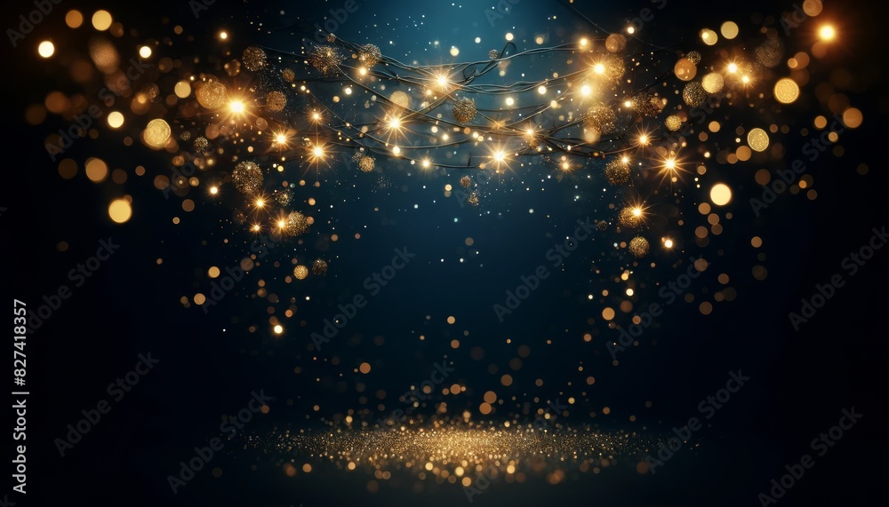 Dark background with golden bokeh particles and festive lights
Dark background with golden bokeh particles and festive lights