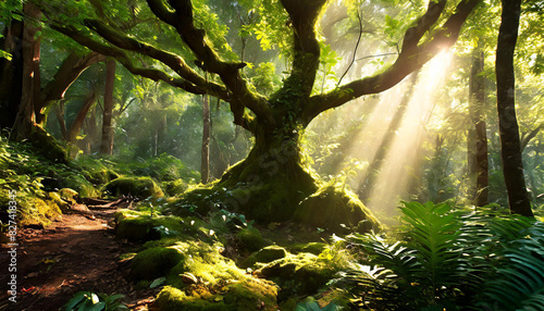 Big green tree in forest in warm sunlight. Fantasy landscape, serene dream land. Mystical fairy tale © happyjack29
