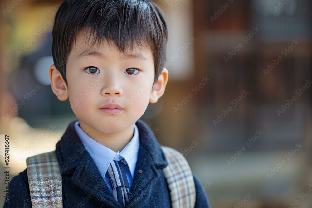 Portrait of a pensive young boy in formal school attire, looking at a distance Portrait of a pensive young boy in formal school attire, looking at a distance