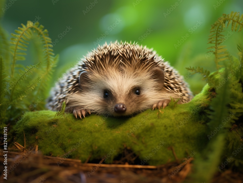 A cute hedgehog rests on vibrant green moss in a forest setting, surrounded by lush foliage on a bright and serene day. A cute hedgehog rests on vibrant green moss in a forest setting, surrounded by lush foliage on a bright and serene day.