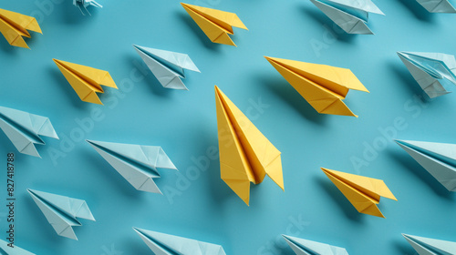 Group of paper plane in one direction and with one 