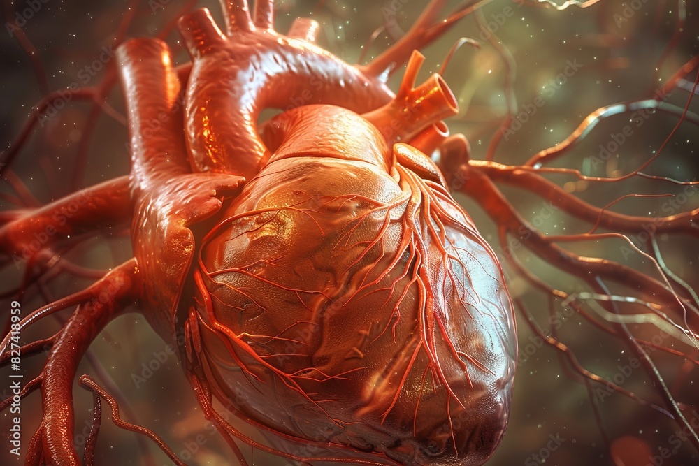 A detailed 3D rendered image of a human heart with visible veins and arteries, showcasing anatomical structure and medical illustration. A detailed 3D rendered image of a human heart with visible veins and arteries, showcasing anatomical structure and medical illustration.