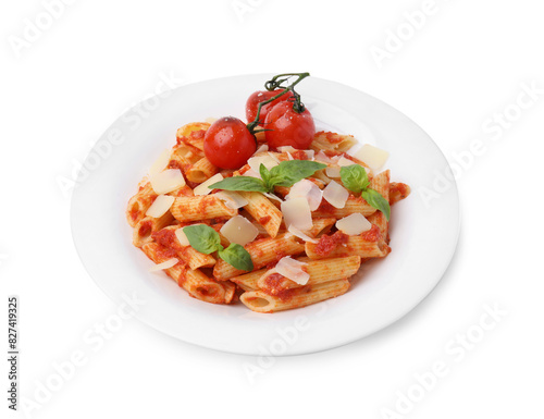 Tasty pasta with tomato sauce  cheese and basil isolated on white