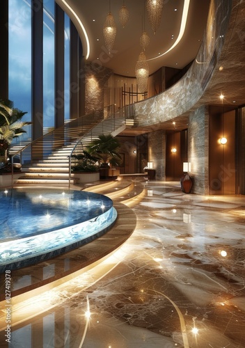 Luxury Hotel Lobby Interior with Marble Staircase and Chandelier