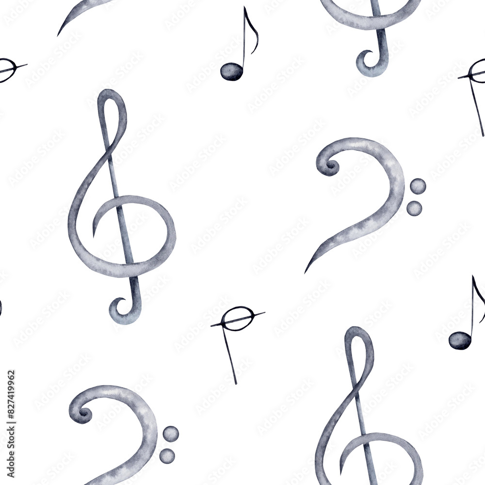 Seamless pattern treble and bass clef symbol. Classical music notes and sheet music wallpaper. Hand drawn watercolor illustration on transparent background. For textile fabric or surface art design