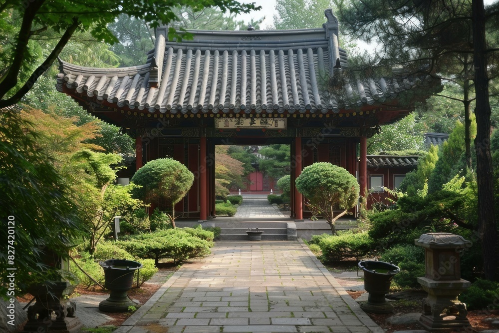 Serene pavilion nestled in a lush asian garden with vibrant greenery and pathway Serene pavilion nestled in a lush asian garden with vibrant greenery and pathway