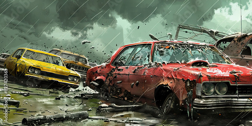 Hail Damage: A scene showing the aftermath of a hailstorm, with damaged cars, shattered windows, and dented roofs, illustrating the destructive power of hail