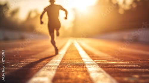 Silhouette of a runner sprinting on a track at sunrise. Concept of determination and fitness in athletics. Low angle view with sunlight