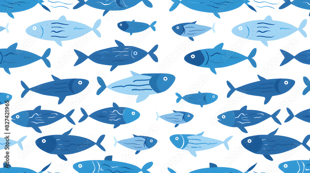 Obraz premium Blue Water Waves Pattern with Sardines