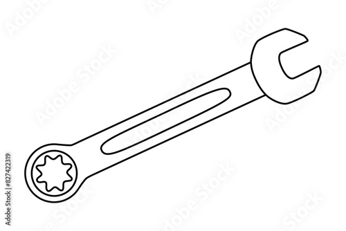 Hand drawn cute outline illustration of ratcheting wrench or spanner instrument. Flat vector repair tool in line art doodle style. Support service hardware icon. Settings or fix problem. Isolated.