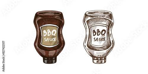 Hand-drawn colored and monochrome vector sketch of bottle of barbecue sauce. Doodle vintage illustration. Decorations for the menu of cafes and labels. Engraved image.