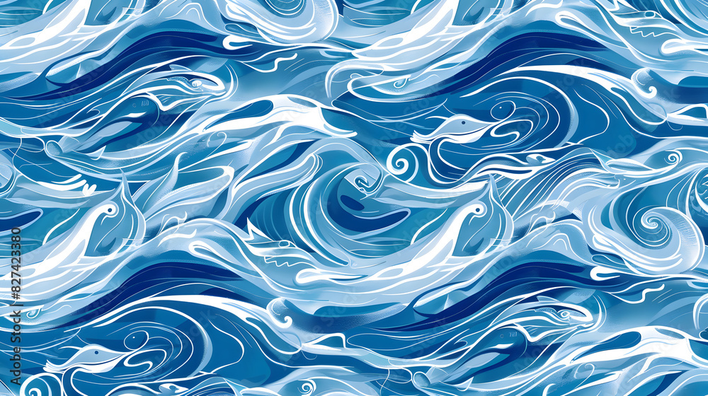 Blue Water Waves Pattern with Sardines Blue Water Waves Pattern with Sardines