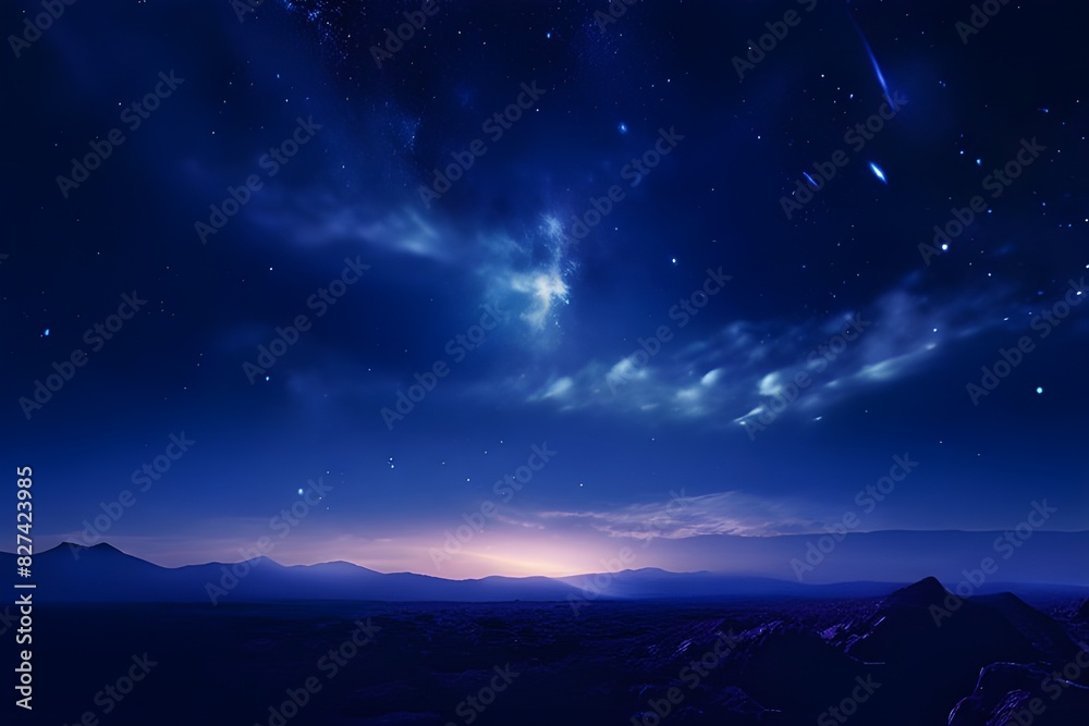 A breathtaking night sky with stars and majestic mountains.