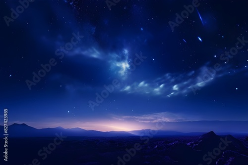 A breathtaking night sky with stars and majestic mountains.