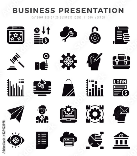 Vector Business Presentation types icon set in Glyph style. vector illustration.