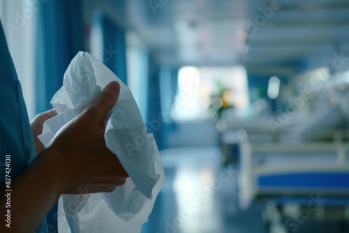 Close-up of a person in blue medical attire with crumpled tissues, suggesting emotional moment