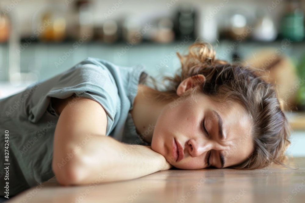 An individual is lying down with their head on their arms on a kitchen countertop, suggesting fatigue or relaxation An individual is lying down with their head on their arms on a kitchen countertop, suggesting fatigue or relaxation
