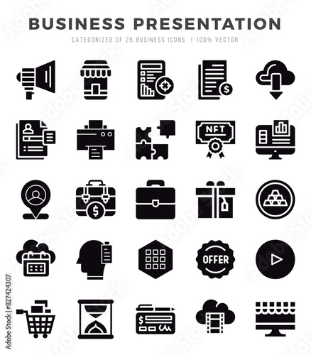 Business Presentation Glyph icons collection. 25 icon set in a Glyph design.