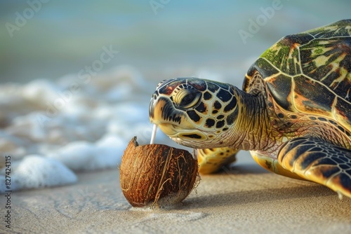 A hawksbill turtle faces a half coconut on a tranquil beach scene, representing wildlife encountering human influence