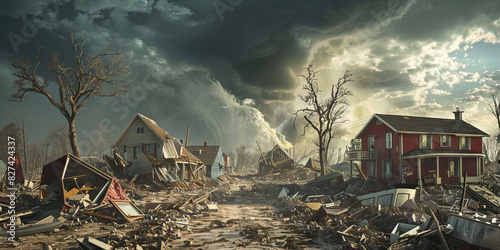 Tornado Damage: A scene of destruction left behind by a tornado, showing damaged buildings, uprooted trees, and scattered debris, illustrating the aftermath of a powerful storm photo