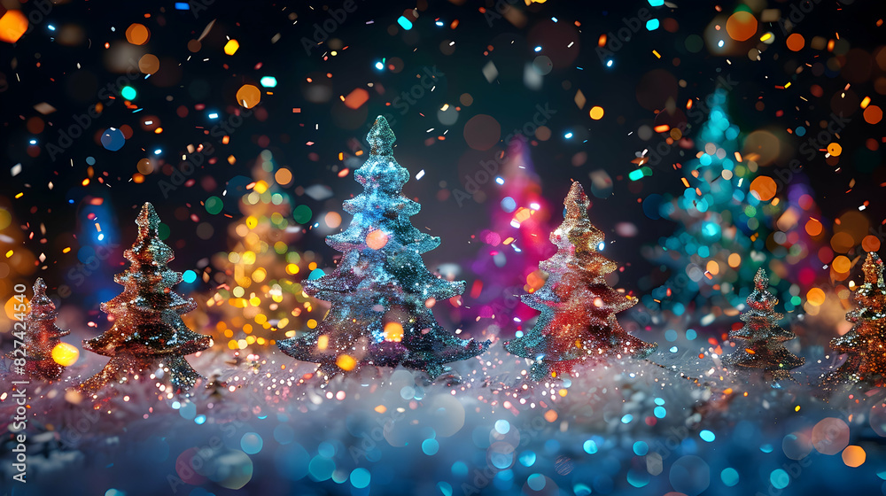 Christmas trees made of holographic foil under falling confetti PHOTOGRAPHY


