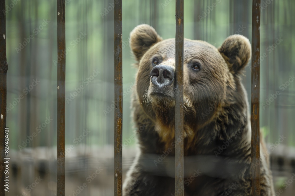 Poignant image of a bear peeking through the bars of a zoo enclosure