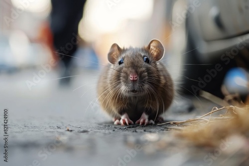 Captivating shot from street-level of a rat looking towards the camera, with cars and urban elements around photo