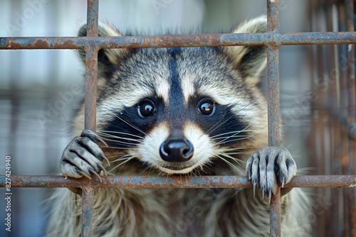 A close-up image capturing a raccoon's face as it curiously peeks through the squares of a rusty metal cage