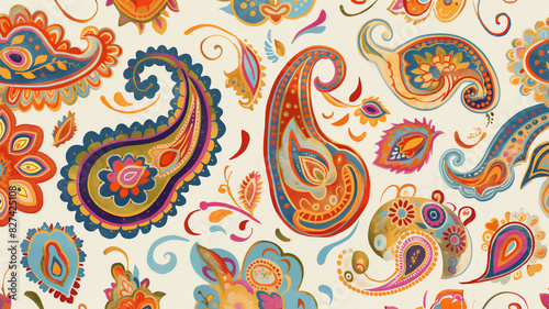 Colorful paisley pattern with intricate floral and abstract designs.