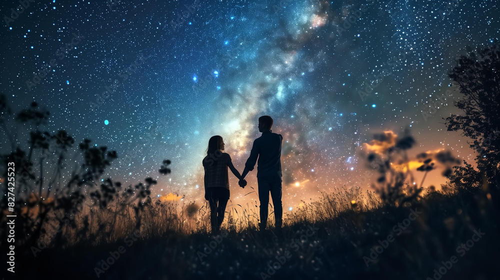Silhouette of couple holding hands under starry sky. Nighttime romantic scene concept for greeting card, poster, and banner Silhouette of couple holding hands under starry sky. Nighttime romantic scene concept for greeting card, poster, and banner