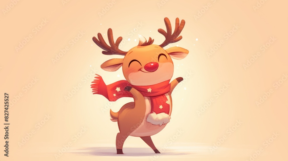Fototapeta premium A delightful cartoon rendition of a charming Christmas reindeer cheerfully waving embodying the essence of a cute holiday character