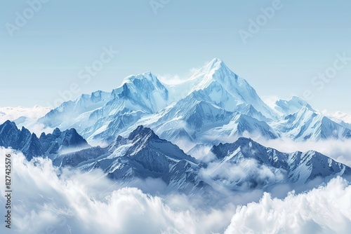 A view from the summit of a mountain shrouded in clouds  showcasing snow-capped peaks and rugged terrain. Generative AI