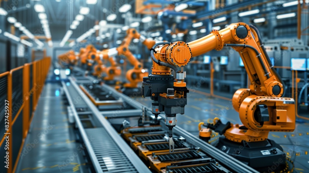 Industrial Robotics: with engineers programming and testing robotic systems designed for various industrial applications. Highlight the innovation.