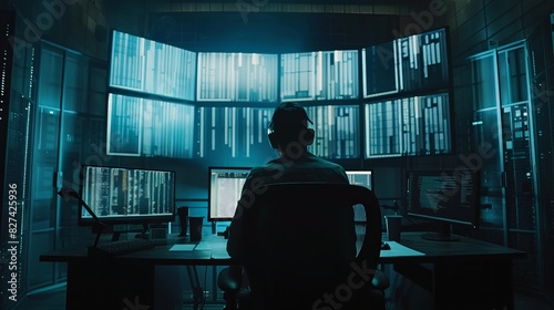 A solitary figure works late at a high-tech computer setup, surrounded by multiple monitors displaying a myriad of data and code. photo
