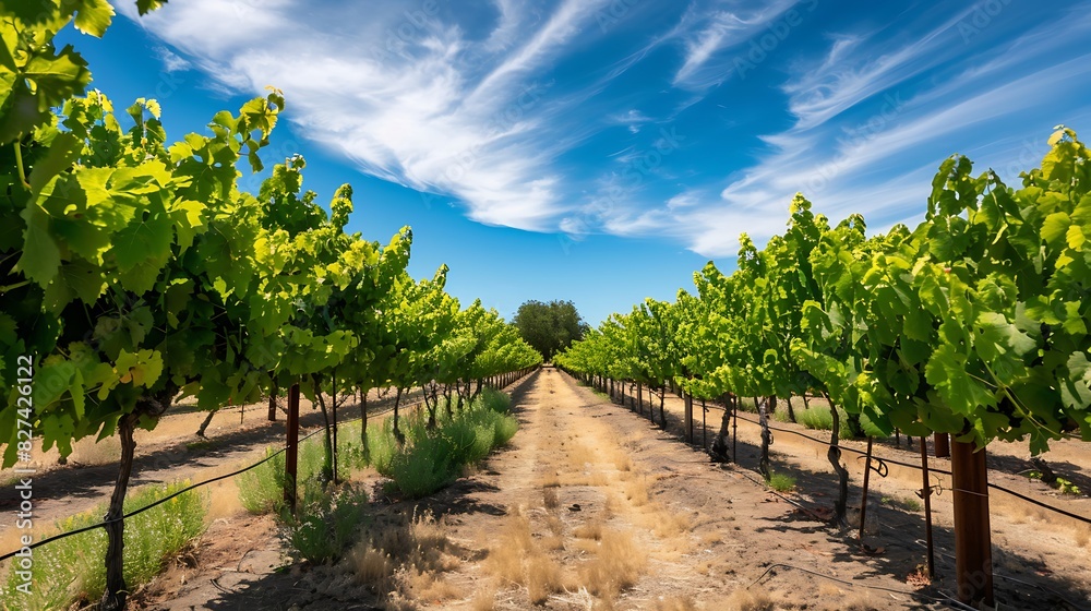 Naklejka premium Serene Vineyard Vista: Perfectly Aligned Rows of Lush Grapevines Under the Sun, Inviting You to Explore the Artistry of Winemaking in Picturesque Countryside Beauty