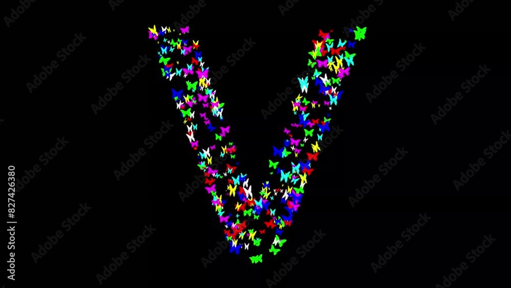 English alphabet V with colorful butterflies on plain black background English alphabet V with colorful butterflies on plain black background
