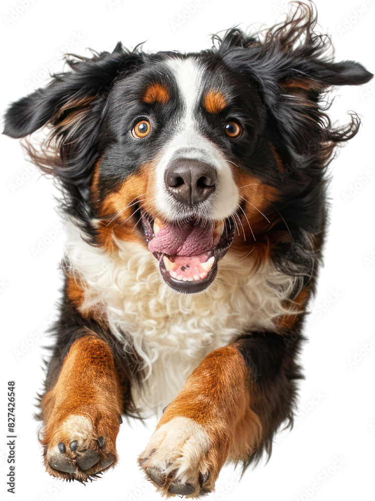 A Bernese Mountain dog's athletic leap , isolated on white background , generative Ai A Bernese Mountain dog's athletic leap , isolated on white background , generative Ai