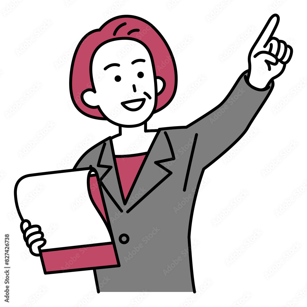 資料を片手に遠くを指差す中年のスーツの女性
