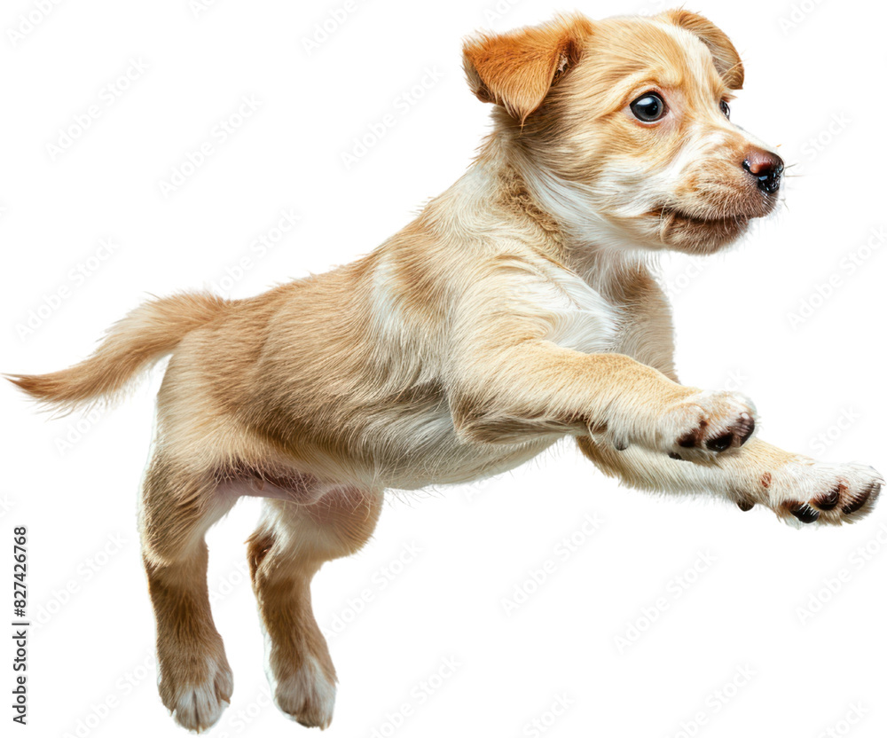 The pure bliss of a puppy's leap, , isolated on white background , generative Ai The pure bliss of a puppy's leap, , isolated on white background , generative Ai