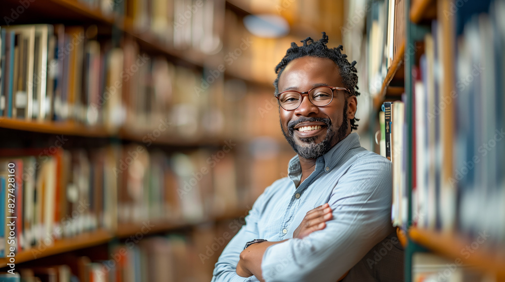 African American librarian smiling in a library African American librarian smiling in a library