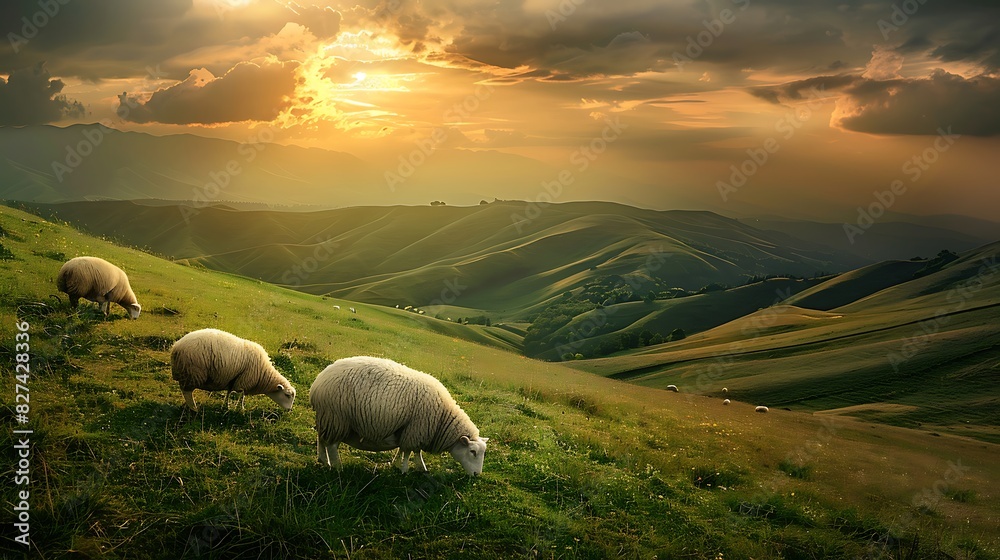 Fototapeta premium Idyllic Countryside Harmony: Majestic Flock of Sheep Grazing Serenely on a Sun-Kissed Hillside, Embracing the Essence of Tranquility and Rural Beauty
