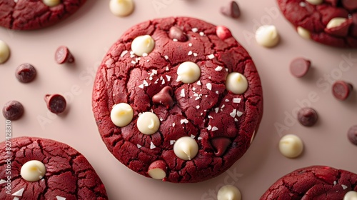 a red velvet cookie with white chocolate chips, centered with sharp detail on a neutral backdrop